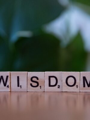 The word Wisdom spelled out with Scrabble tiles