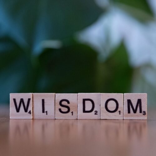 The word Wisdom spelled out with Scrabble tiles